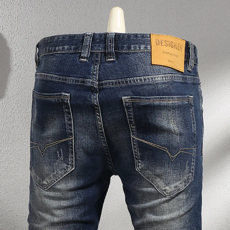 2024 Spring Dark Blue Washed Wear-White Vintage Distressed Stretch Slim-Fitting Small Straight Jeans Men's Korean Style Trendy