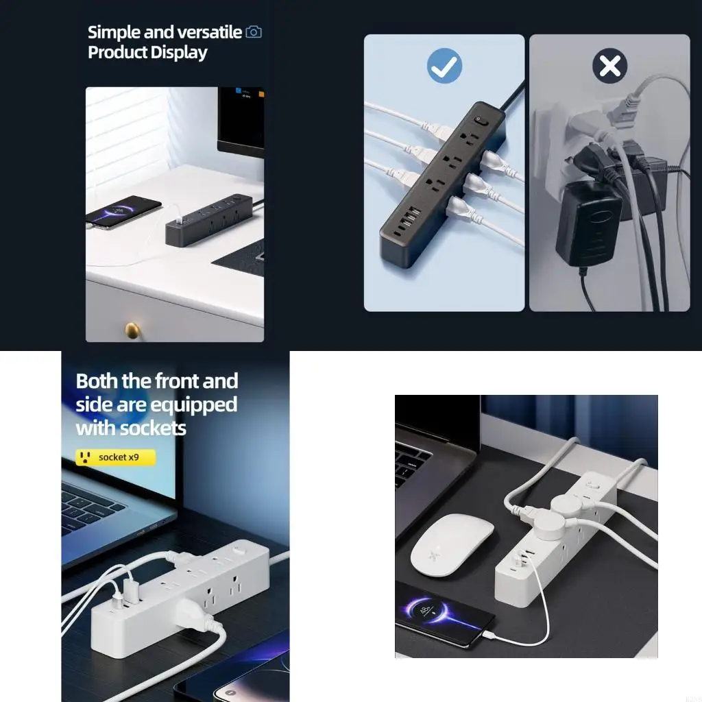 K3NB Wall Mountable Power Strips With 9Wide Spaced Outlets 3 USB 2 USB C Port Protections For Home Office Essential