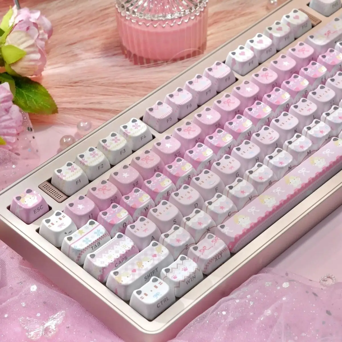 MAO Keycaps Cute Black Pink Cat Theme Keycaps PBT Pink Key Gift DYE-SUB Mechanical Keyboard for Made68 Mad68 Wooting 60