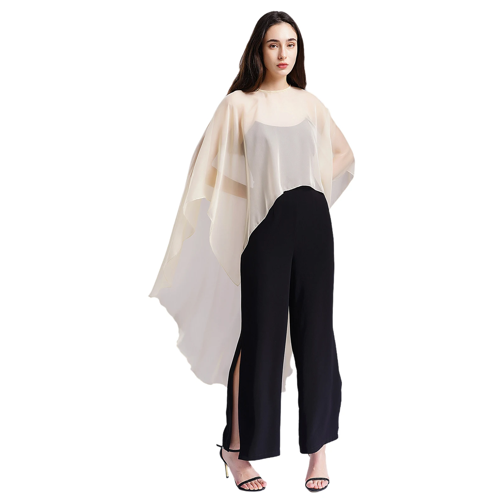 Womens Asymmetrical Sheer Cover-Ups Blouse Thin Coat Round Neck Batwing Sleeve See-Through Chiffon Shrug High Low Hem Shawl Tops