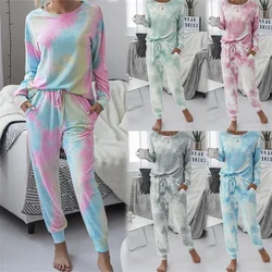 Women's Pajamas Spring Fall Tie-Dye Print O-Neck Casual Comfortable Loose Fit Wearable Long Sleeve Ladies Floral Homewear