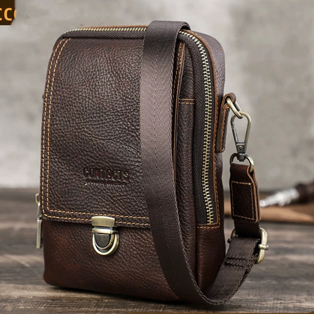 Vintage Break Cowhide Men's Mobile Phone Crossbody Bag Multifunctional Storage Wallet Waist Bag Coffee