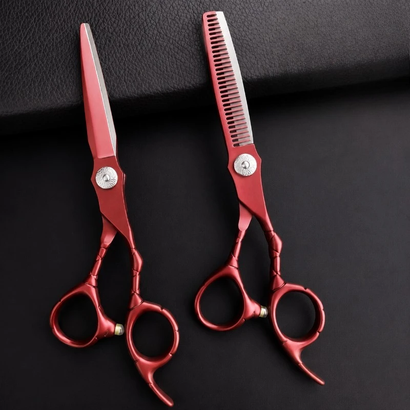 Professional 6 inch Stainless Steel Hair Cutting Scissors Set with Thinning Shears, Red Barber Razor Scissors for Salon Use