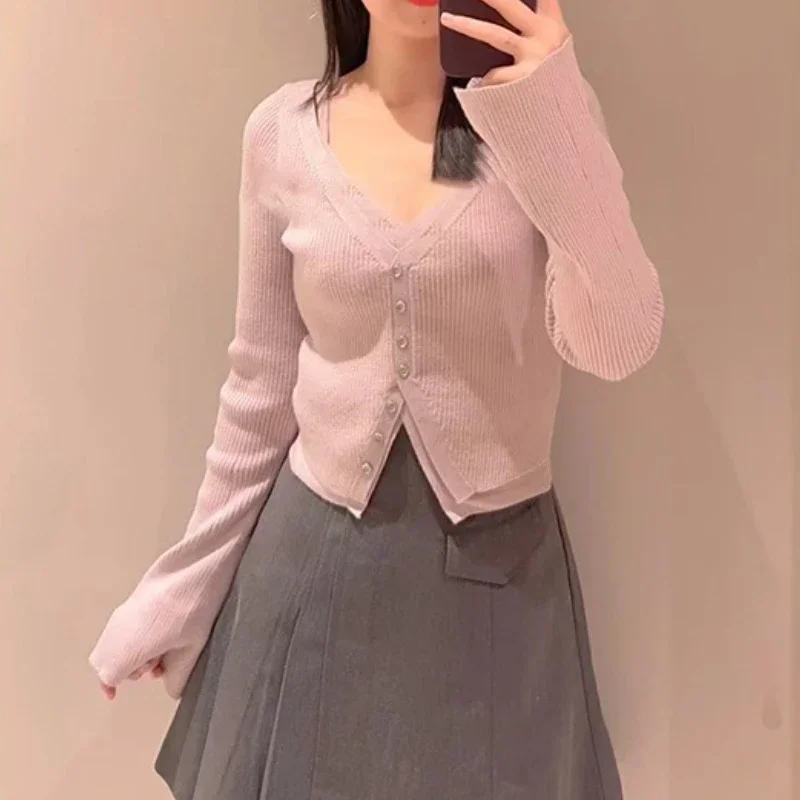 V-neck Long Sleeve 2024 Woman Cardigan Fake Two Piece Ropa Mujer Japanese Outerwears Autumn Sweater New Split Cardigans