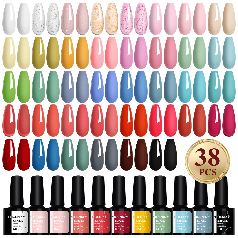 PHOENIXY 38/24PCS Gel Nail Polish Set Semi Permanent UV Led Gel Varnish Long Lasting Gel Polish for Nail Art Design Nail Art Set