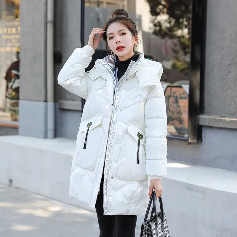 Winter New Korean Loose Padded Jacket Female Large Size Hooded Long Parkas Down Cotton Coat Womens Bright Face Wash Free jacket