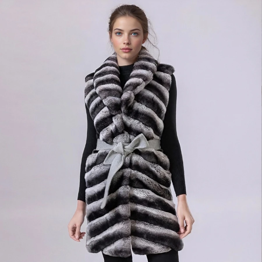 レディース レックスラビットファー ベスト ノースリーブ ロング カシミヤウールベスト 襟付き チンチラファーコート 新入荷 本物の毛皮コート