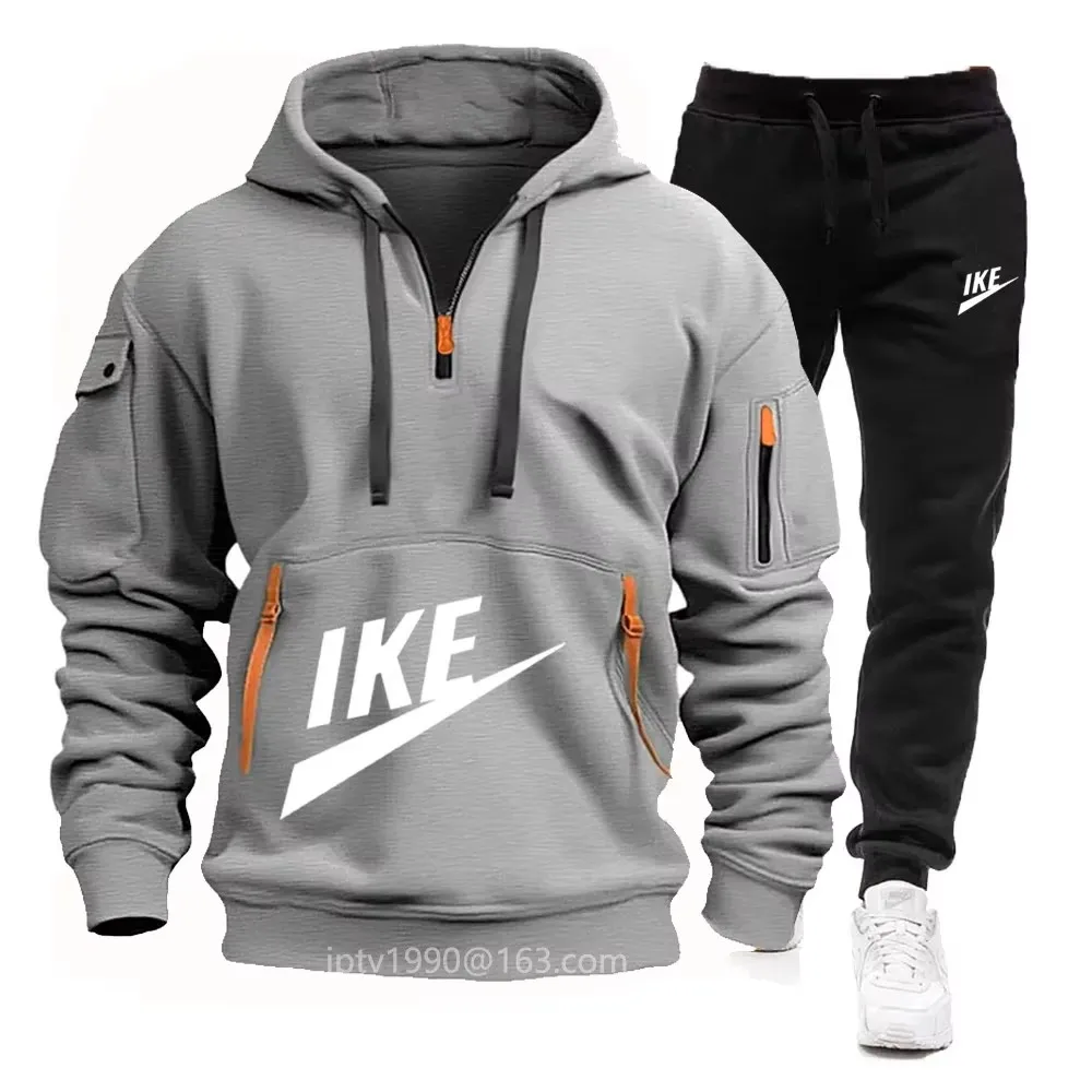 Men\'s hooded sweatshirt and casual sweatpants zip-up two-piece tracksuit and multi-pocket running suit 2024 new