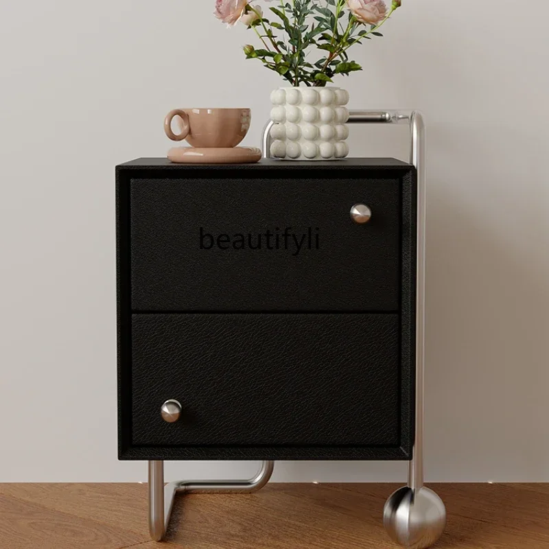 Italian leather solid wood bedside table, black bedside storage cabinet, simple and removable stainless steel locker