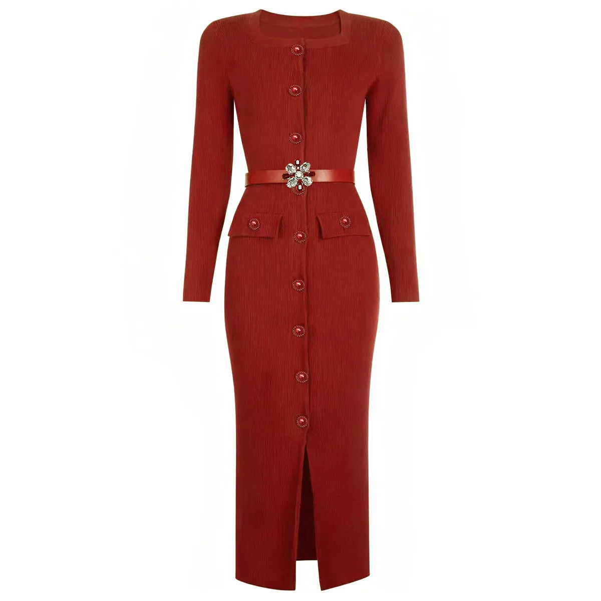 

Брендовое осеннее вязаное длинное платье, женское однобортное платье-карандаш с жемчугом и бусинами, миди-платья, трикотаж, зимняя ткань, качественный рукав