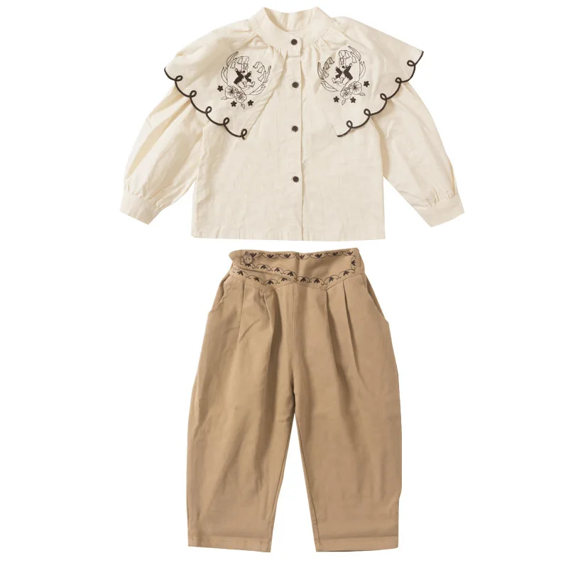 Children Clothing 2024 Spring and Autumn New Girls French Style Large Lapel Embroidered Shirt Straight Leg Pants Two Piece Set