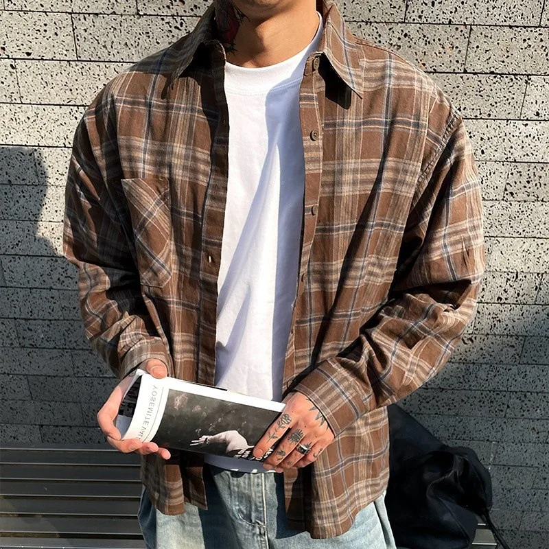 

American Vintage New Fashion 2025 Spring Men's Casual Trendy Long Sleeve Turn-down Collar Plaid Loose Shirts Male Clothes Tops