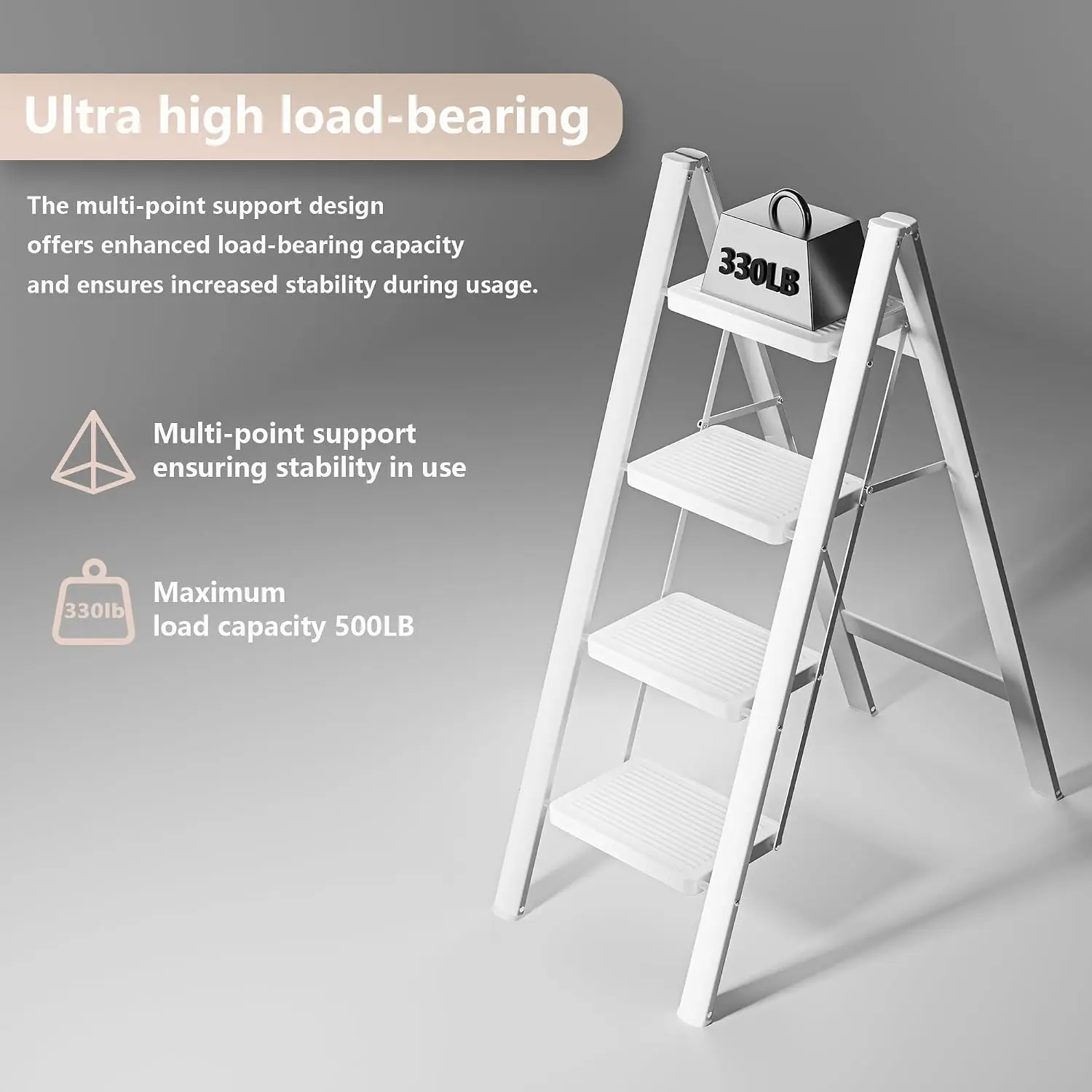Sturdy 4 Step Folding Ladder, 330 Lbs Capacity, Anti-Slip Wide Pedals, Portable for Home Kitchen Office