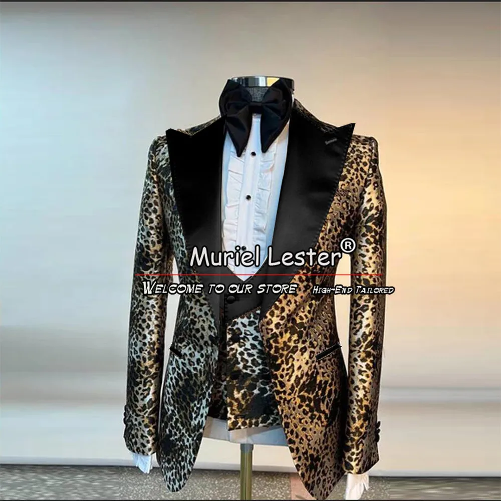 Men's Gold-Black Leopard Suits Notched Lapel Jacket Vest Pants 3 Pieces Chic Groom Tuxedos For Wedding Bespoke Prom Blazers Sets