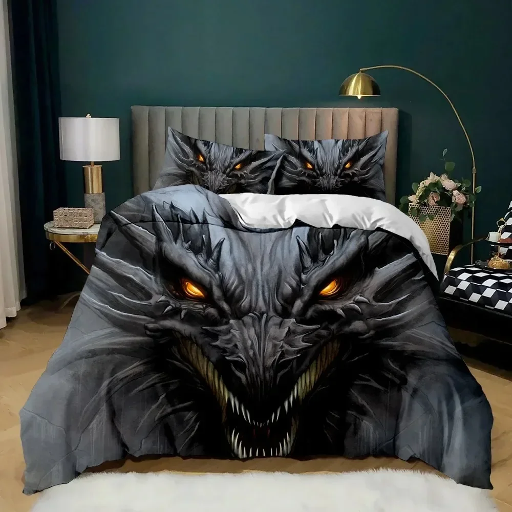 Bedding Queen 3D Mythical Dragon Print 3 Piece Bed Set With Pillow Shams Kids Cool Polyester Duvet Cover Set No Comforter