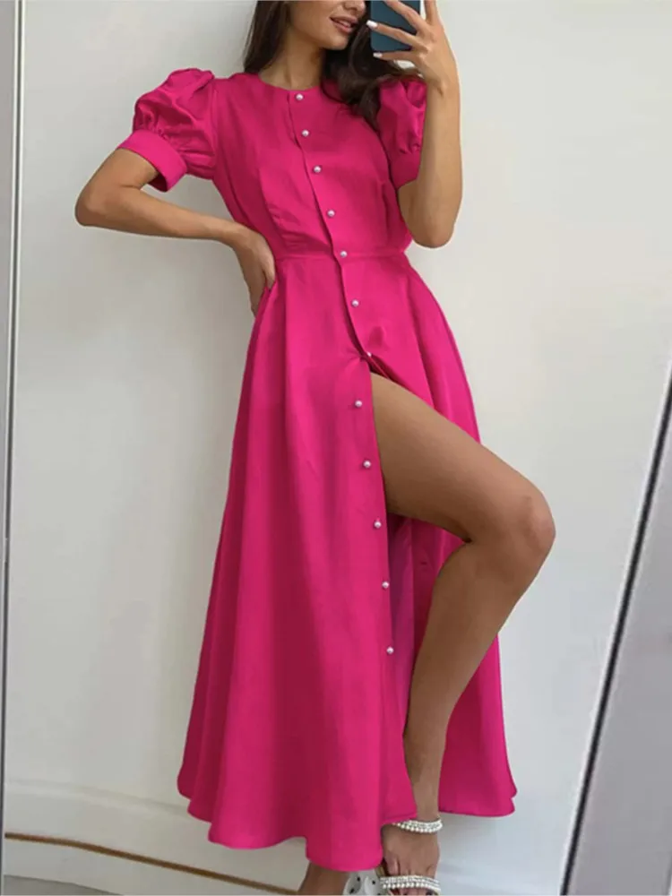 

Summer New Women Dress Solid Color O Neck Short Puff Sleeve Button High Waist A Line Ladies Dresses Elegant Fashion Dress Female