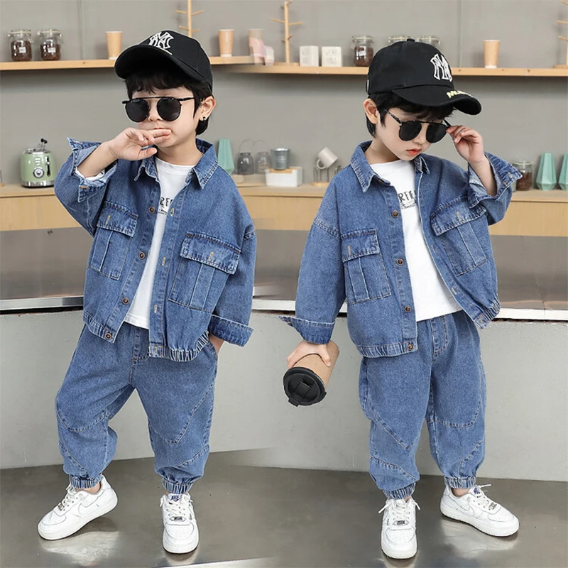 

2024 Spring Autumn Boys Denim Suits Children Turn-down Collar Solid Color Long Sleeves Cowboy Coat+Jeans Pants Two-piece Suit