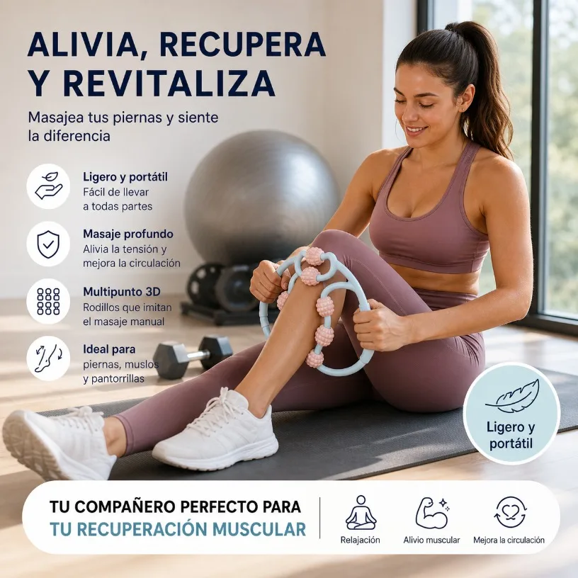 Rouleau de massage musculaire pour les jambes et les bras, masseur souple à 8 roues avec structure flexible de 26 cm, outil de récupération sportive et de soulagement des tensions, bleu