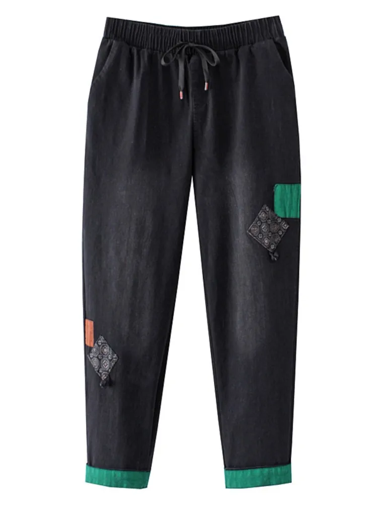 Pantalon sarouel en denim taille haute pour femmes, jeans déFlexdécontractés, bas à patch vert, grande taille, mode printemps et automne