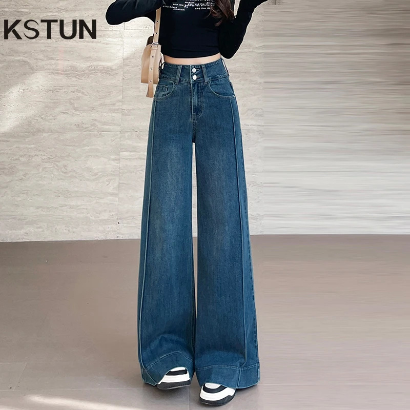 KSTUN 2025 Summer Women's Jeans Dark Blue High Waist Women Wide Leg Pants Dragging Pants Striped Stretch Casual Female Trousers