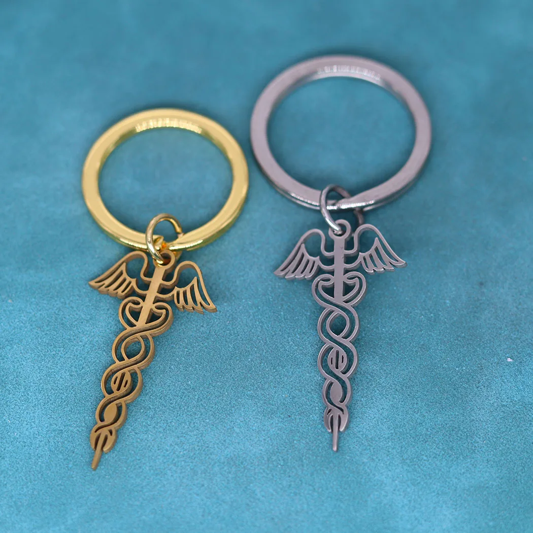 Staff Of Caduceus Medicine Symbol Keychain Stainless Steel Pendant Of Health Key Chains Of God Hermes Jewelry Doctor Nurse Gifts