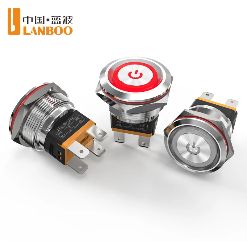 LANBOO 22mm 15A 2NO high current  push button switch with LED 24V 220V momentary latching