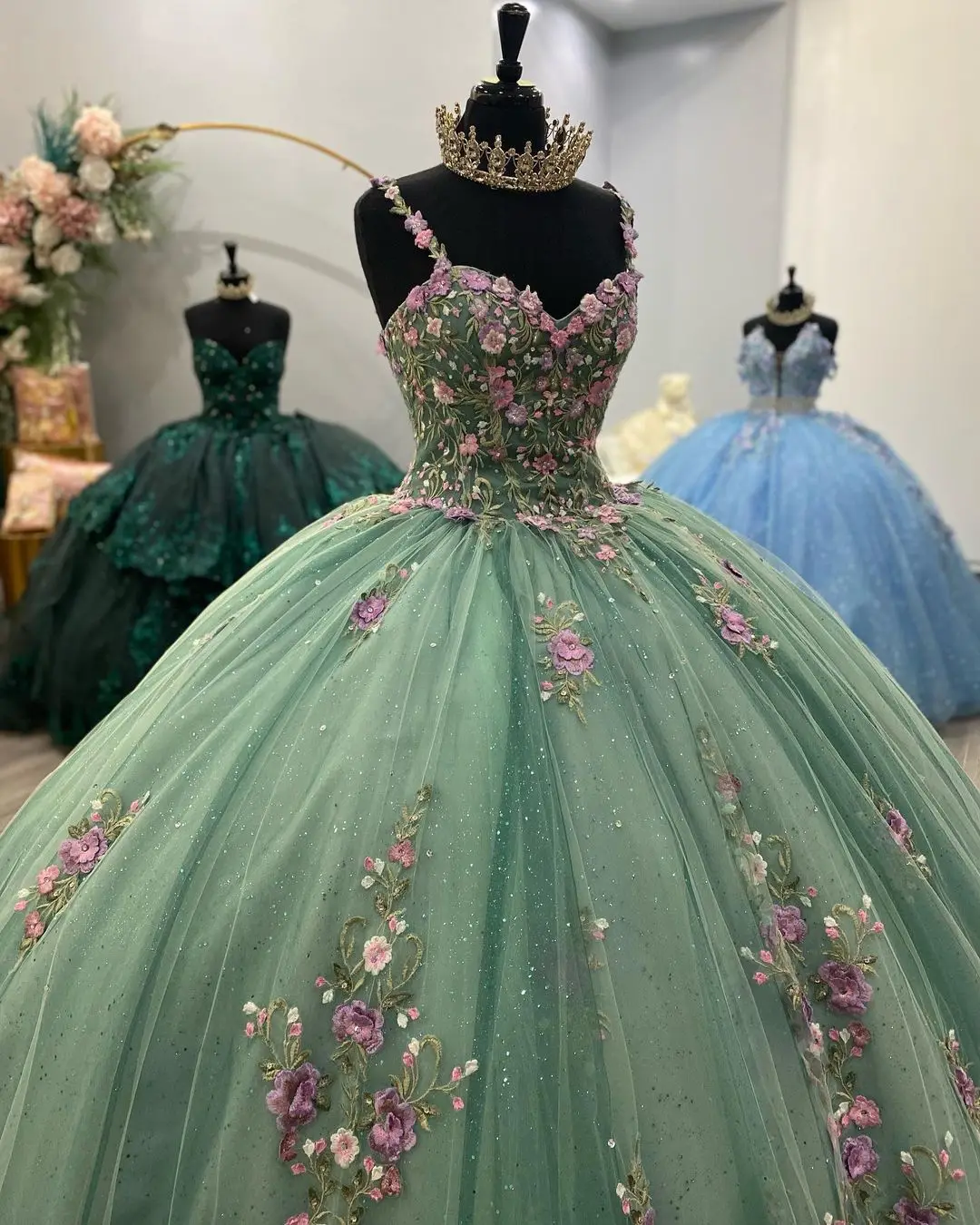 Sage Garden Crystal Beaded Contrasting Floral Embroidered 3D Flowers Quinceanera Gown Charro Mexican Dresses for 15th Girls