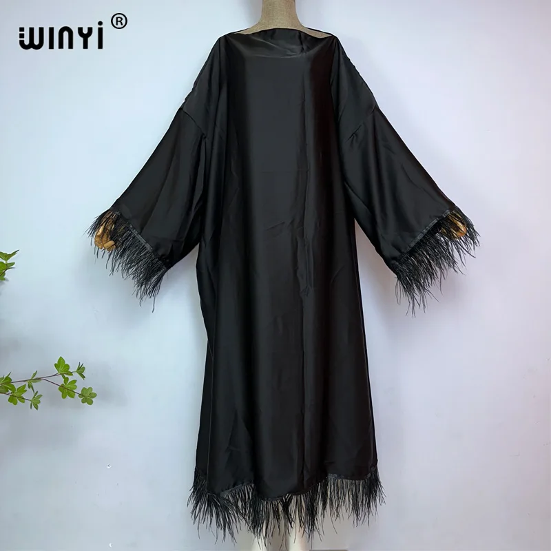 WINYI black High quality comfortable dressOstrich hair Muslim Women Hijab Dress fashion Abaya Full Cover Ramadan Gown kaftan