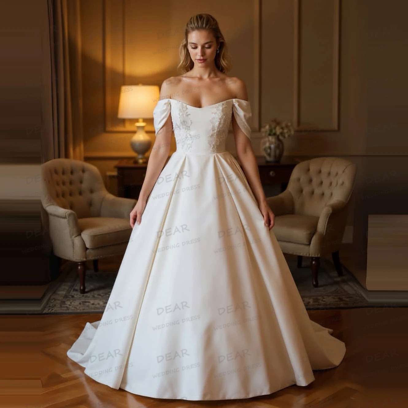 Vestidos de novia sencillos de corte A para mujer, Vestidos de novia de satén de encaje sin mangas con hombros descubiertos, Vestidos personalizados