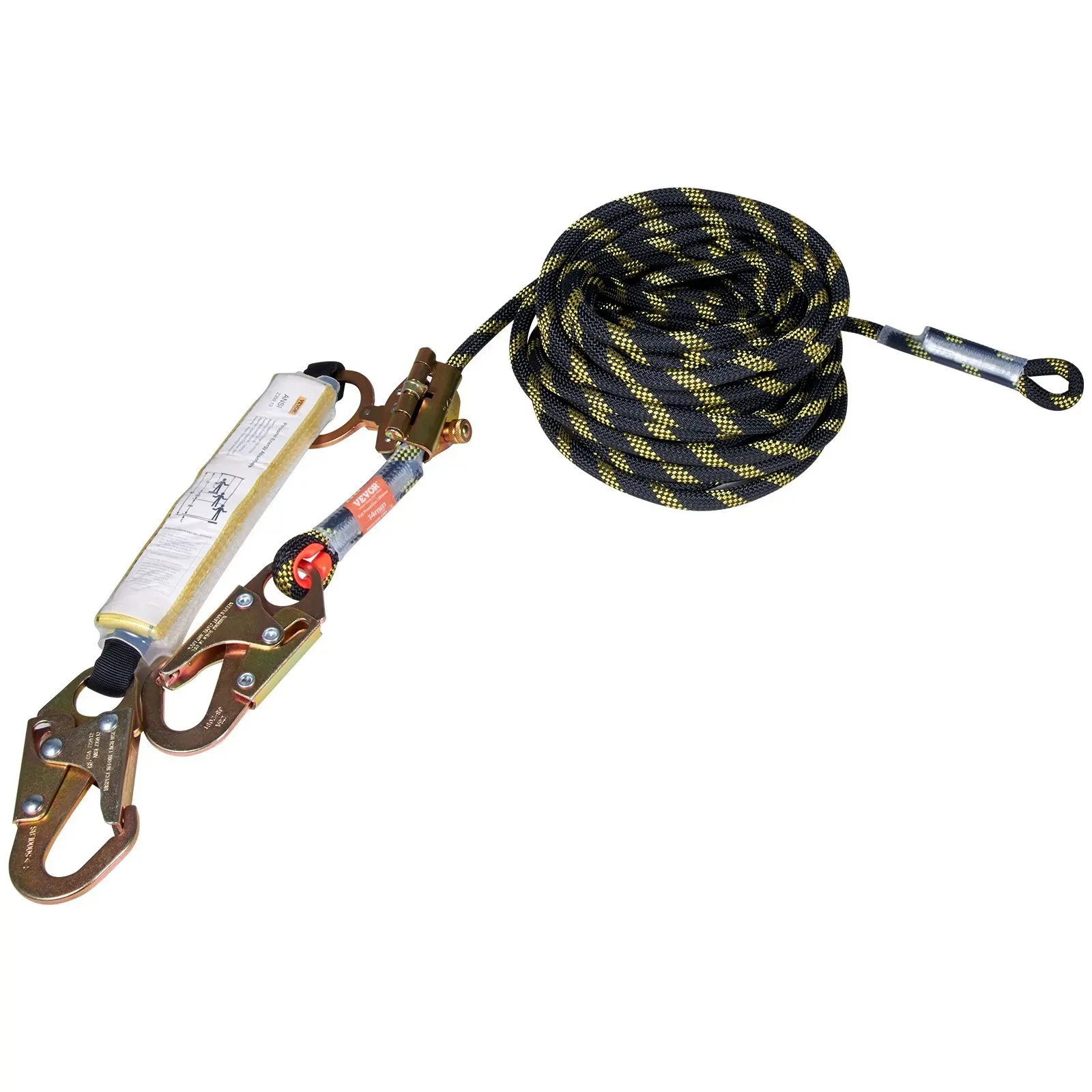 Fall Protection Rope with 30 KN Breaking Tension, Polyester Roofing Rope with Steel Snap Hooks, Rope Grab, and Shock Absorber