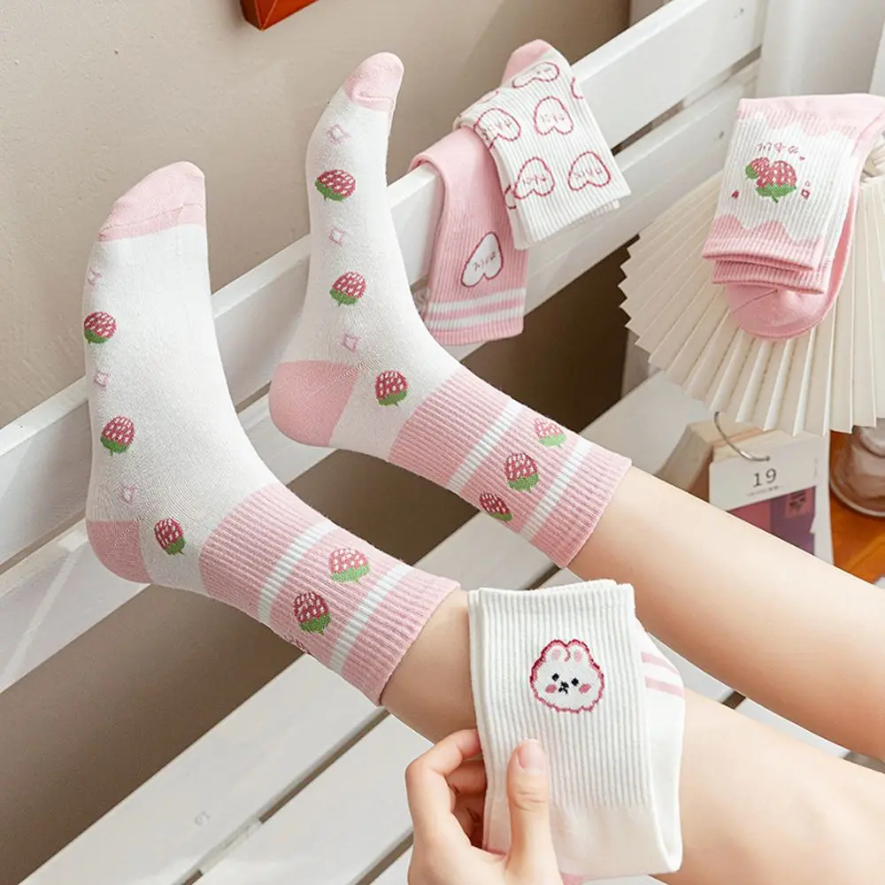 Breathable Cute Strawberry Girls Gift Rabbit Pink Series Mid-Tube Socks Women Socks Cotton  Hosiery Korean Style Socks