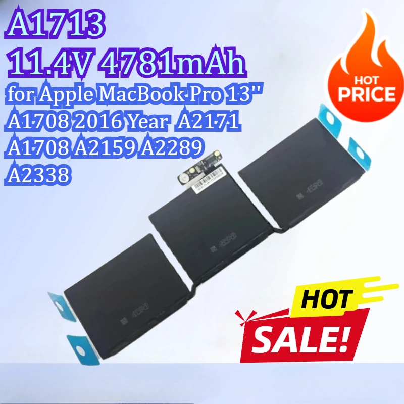 

A1713 Laptop Battery apple macbook for Apple MacBook Pro 13'' A1708 2016 Year A2171 A1708 A2159 A2289 A2338 11.4V 4781mAh