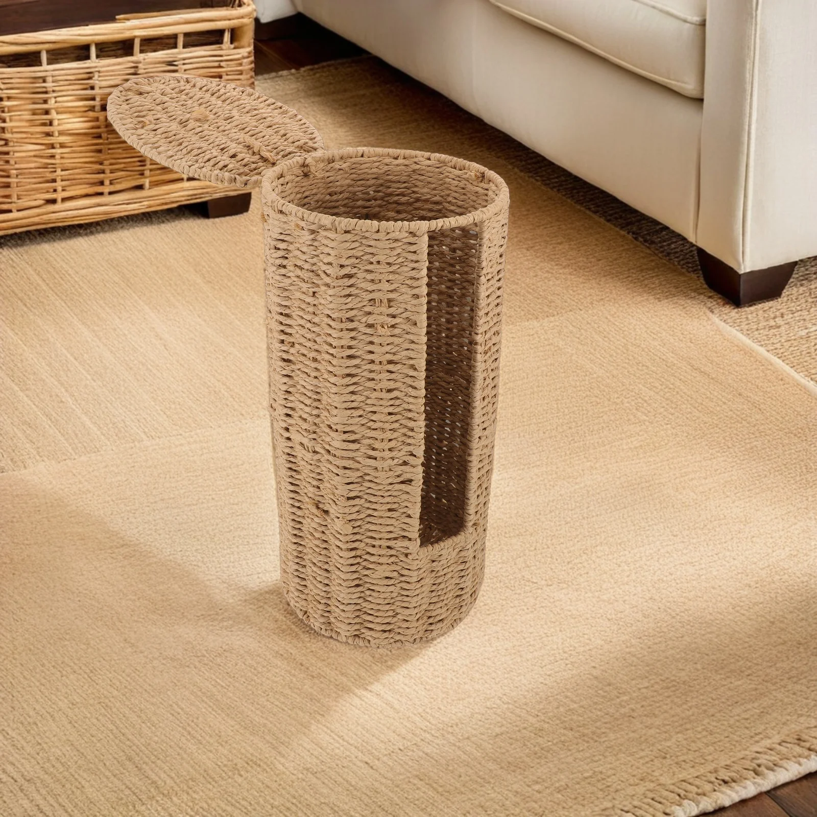 Rattan Woven Toilet Paper Basket Lid Minimalist Rustic Covered Storage Hotel Towels Bathroom Laundry Accessories Countertop