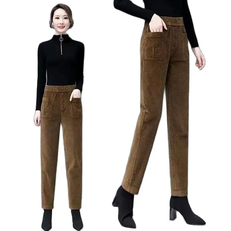 

2024 New Harem Keep Warm Pants Women Corduroy Pants Autumn Winter Add Velvet Padded High Waist Straight Casual Pants Women