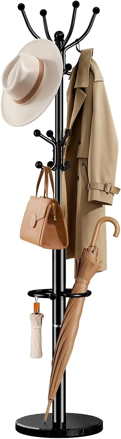 

Напольная вешалка для одежды с мраморным основанием, 16 крючками и держателем для зонтов для прихожей, спальни, домашнего офиса