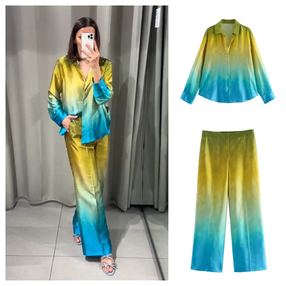 PB&ZA 2024 Summer New Women\'s Fashion and Casual Versatile Silk Satin Texture Tie Dyed Shirt Straight Leg Pants Set