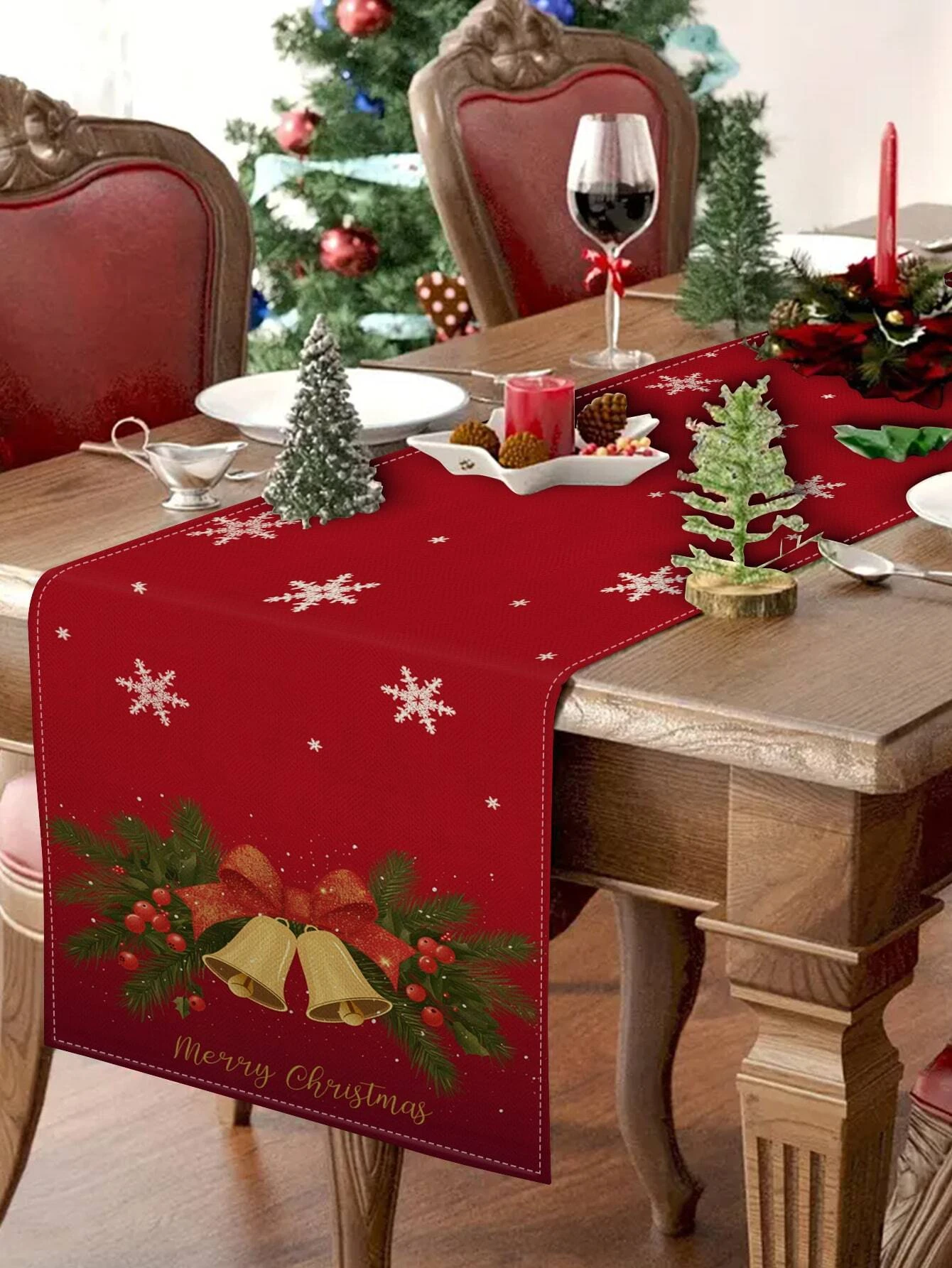 Christmas Table Runner Red Snowflake Bells Pattern Festive Christmas Decor For Home Entryway Tabletop Holiday Decoration Durable