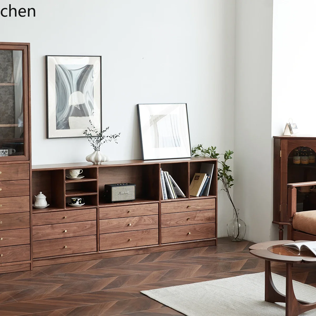 

YFY black walnut combination cabinet floor-to-ceiling solid wood locker living room multi-functional bookshelf display cabinet