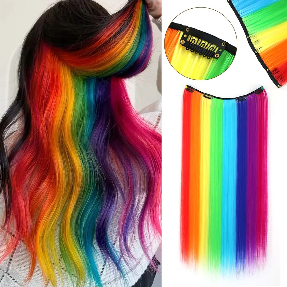 

22"Long Rainbow Clip in Hair Extensions ,Synthetic Invisible 4-clips in One Seamless Straight Hair ,Heat-resistant for Party
