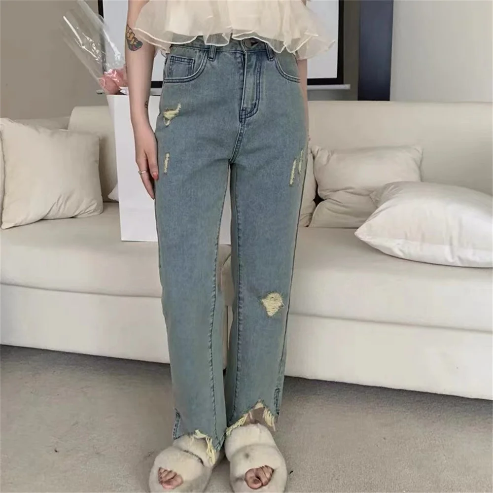 Blue jeans Ripped Jeans for Women 2022 Summer New Loose Design Sense Niche High Waist Straight Wide Leg Pants