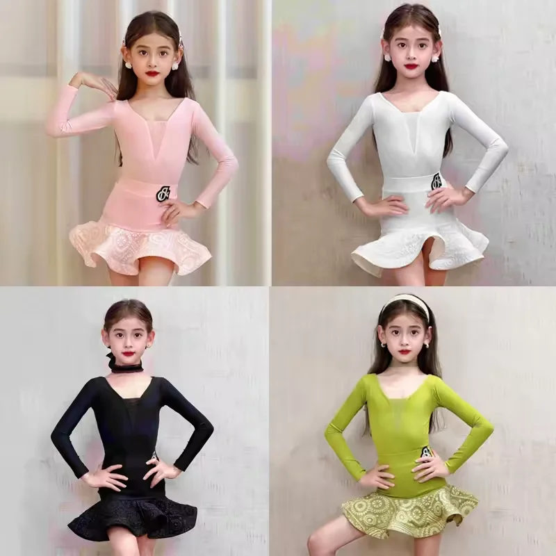 

4 Colors Girls Latin Dance Professional Dress Children'S Ballroom Dance Comeptition Dress Kids Performance Dancing Wear