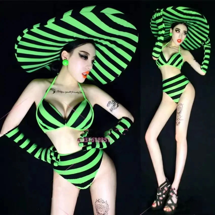 

European Clothing Fluorescent Bikini Big Hat Zebra Print Set Nightclub Gogo Party Dress Rave DS Women Singer Stage Costume