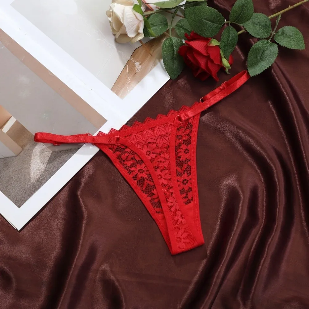 Bequeme, niedrig geschnittene Spitzen-Stringhöschen mit Blumenmuster, weiche, einfarbige, verstellbare Gürtel-Slips, Unterwäsche, transparente T-String-Höschen für Mädchen – Detail 5