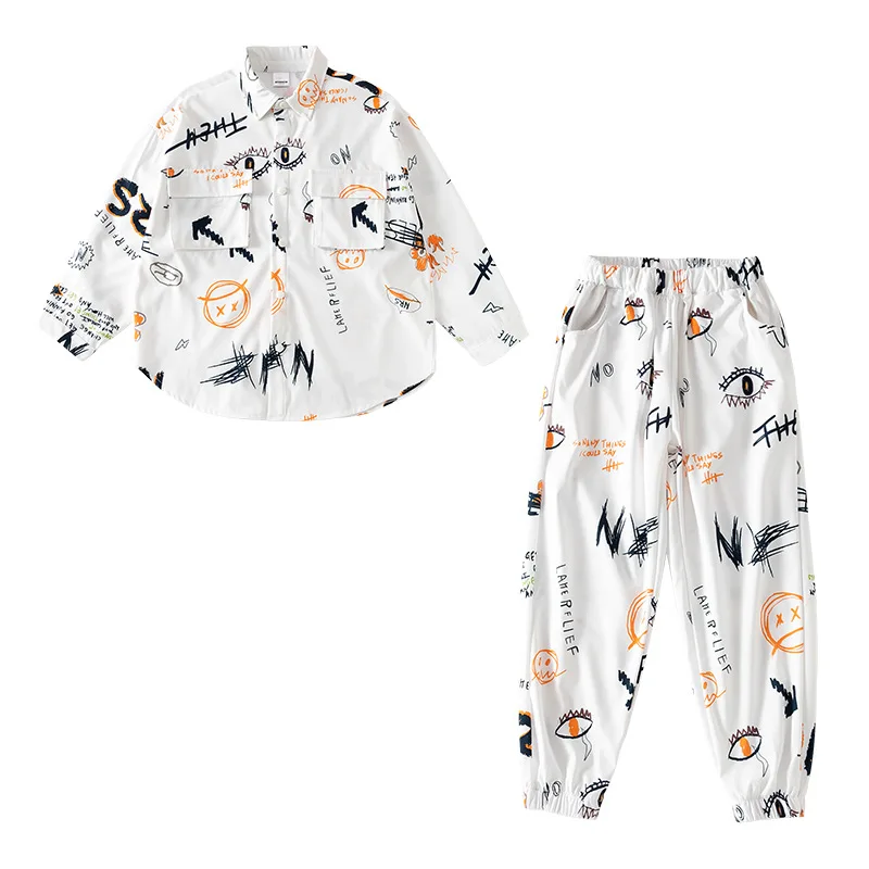 Boys Street Dance Long Sleeve Graffiti Jacket Loose Joggers Girl Hip Hop Cool Shirt Print Sweatpants Clothes Set Kids Streetwear