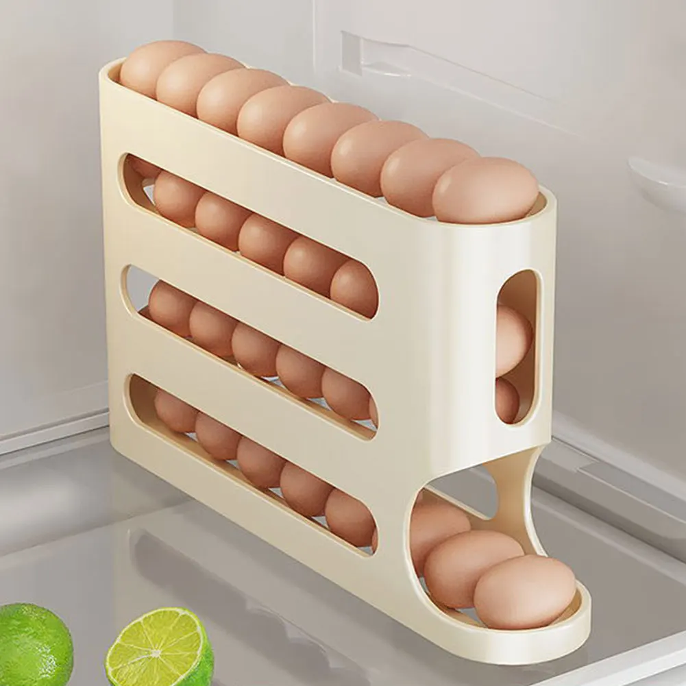 4 Layers Refrigerator Egg Dispenser Large Capacity Stackable Egg Organizer Automatic Scrolling Egg Rack for Refrigerator Storage