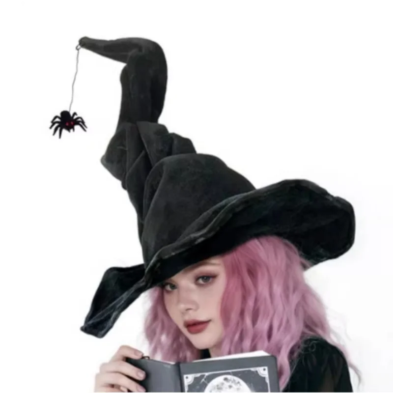 Halloween Costume Twist Hat Gothic Witch Hat Black Velvet Hat Cosplay Witch Hat Witch Wizard Vintage Cap Accessories