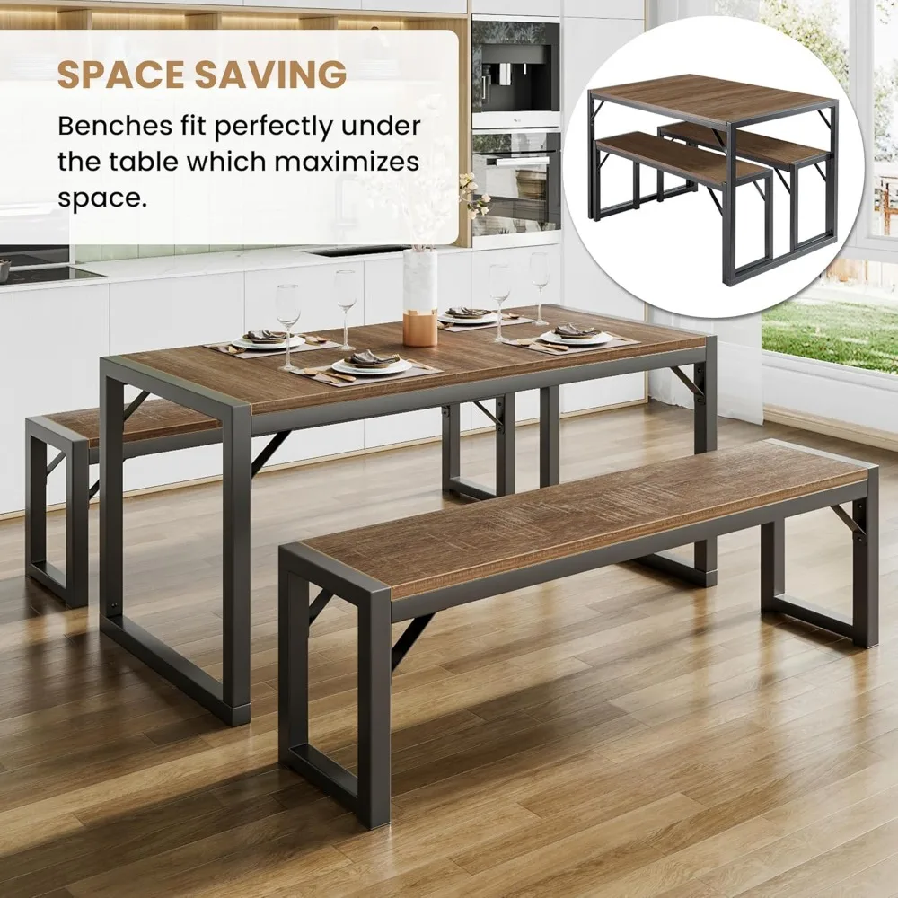 Kitchen Dining Table Set for 4 with Benches, Rustic Small Space Saving Dinette, Heavy Duty Metal Frame