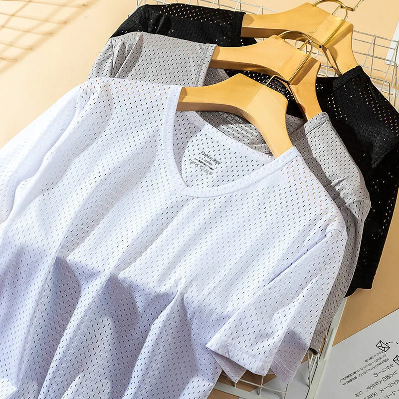 Ice Silk Running T-Shirt Men Comfortable Breathable Sweat-absorbing Fitness Tees Thin Mesh Casual Light Quick Drying T Shirts