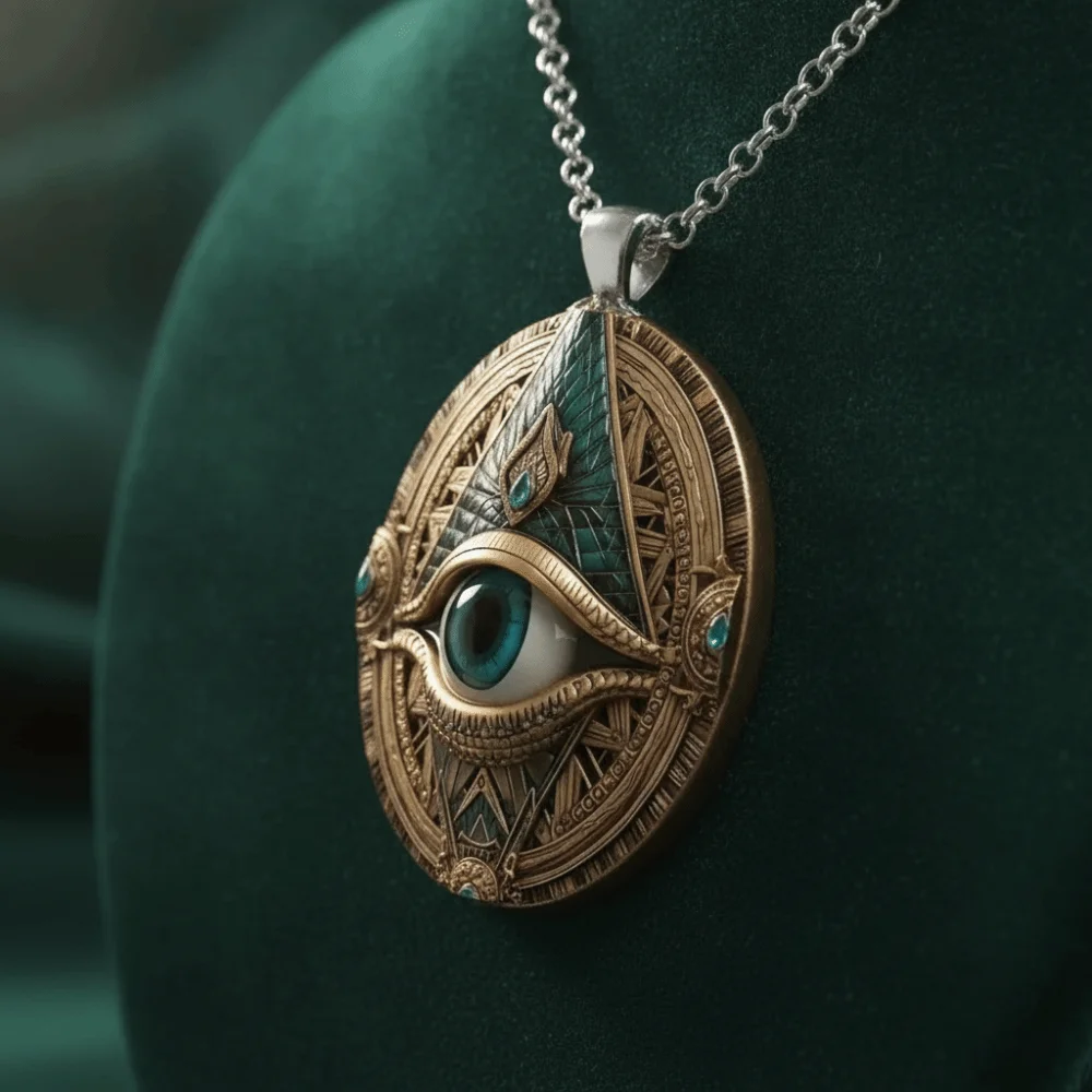 Silver Plated Alloy Pendant Necklace Elegant Elliptical Design Glass Mosaic All Seeing Eye Pendant Necklace Vintage Design