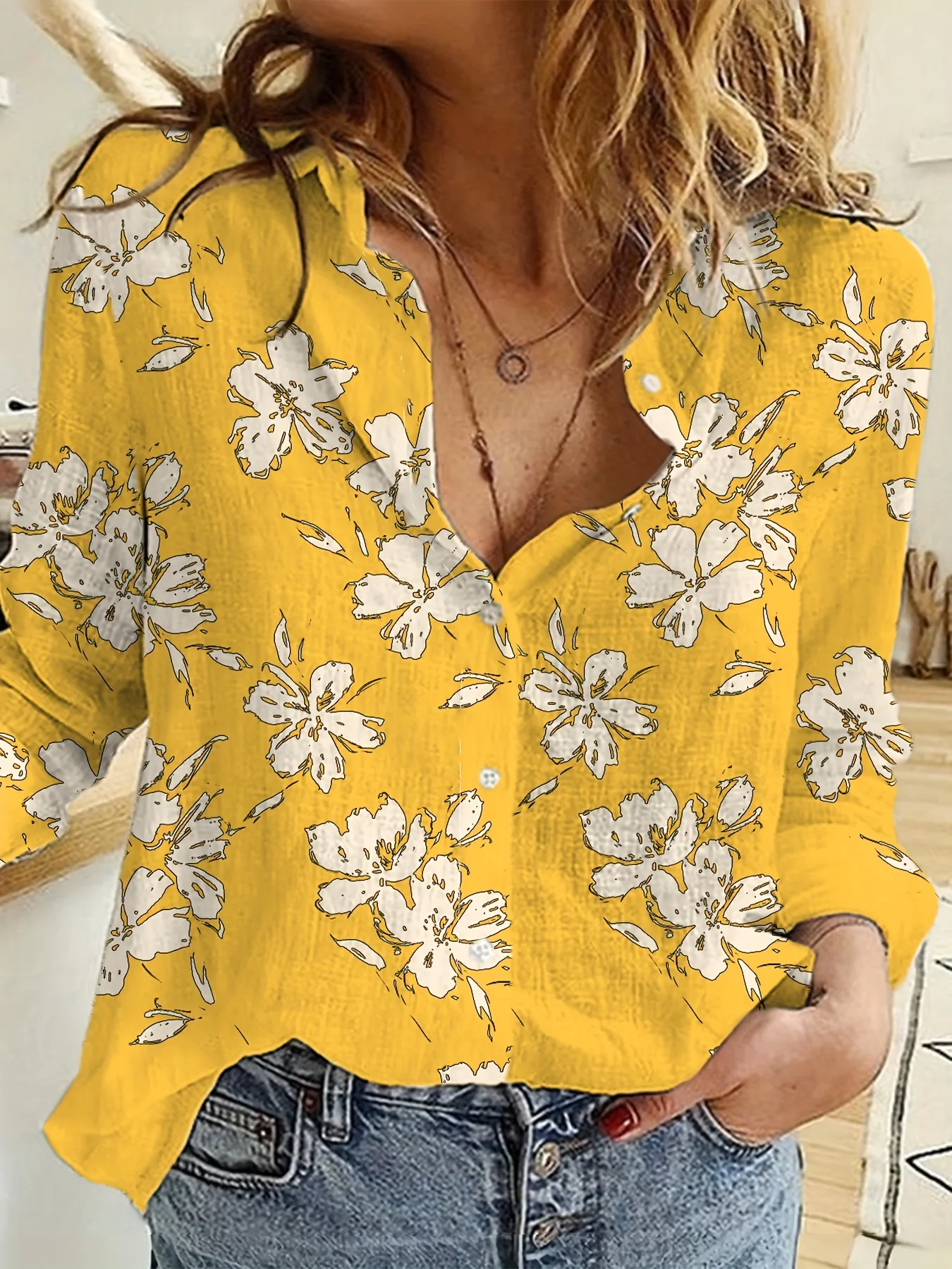 Women's Long Sleeved Shirt Floral Pattern Print Daily Office Elegant Women's Top For Outdoor Fashion Lapel Women's Shirt